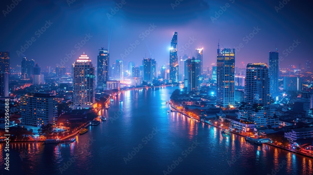 Fototapeta premium Night cityscape, river, buildings, lights, city, skyline.