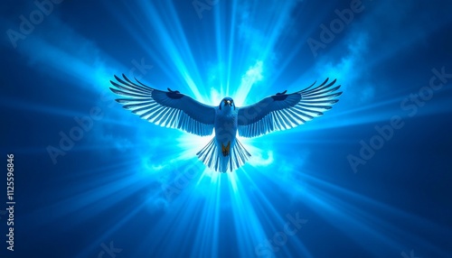 Majestic white bird soaring with illuminated wings against a radiant blue sky, exuding freedom and grace. photo