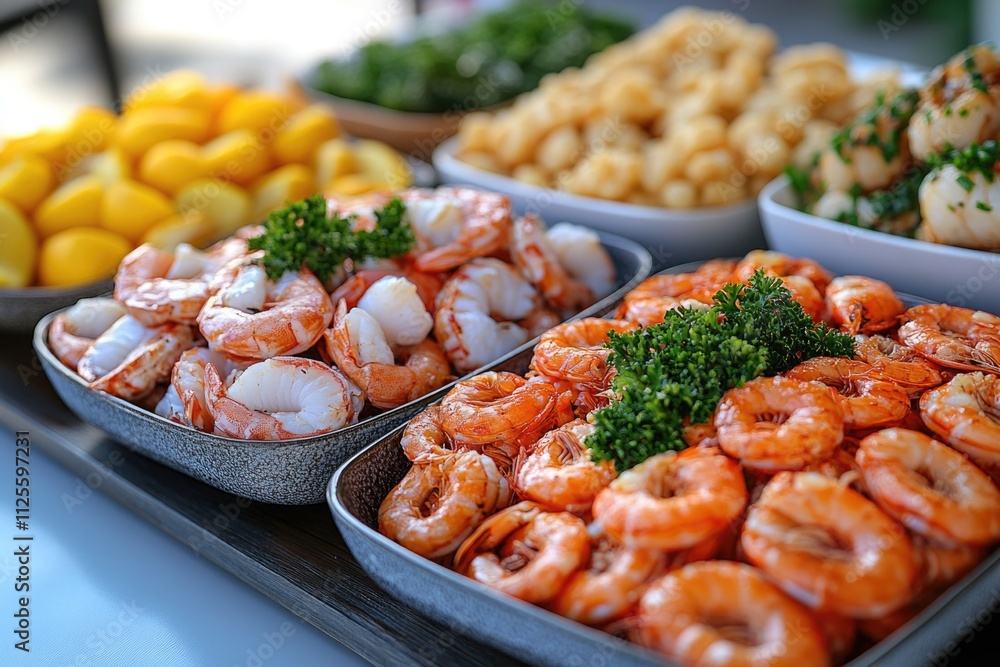 Fresh seafood and vegetables served together at an outdoor event or party Fresh seafood and vegetables served together at an outdoor event or party