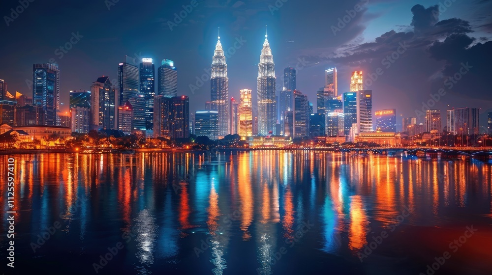 Fototapeta premium Night cityscape with skyscrapers reflecting in water.