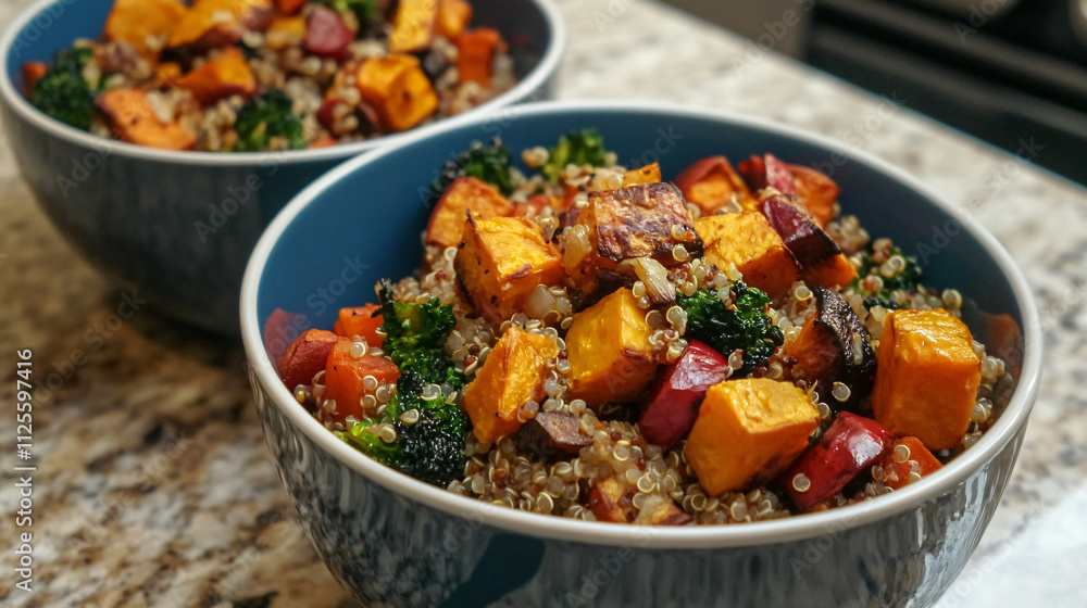Sweet potato and quinoa bowls with roasted vegetables. Sweet potato and quinoa bowls with roasted vegetables.