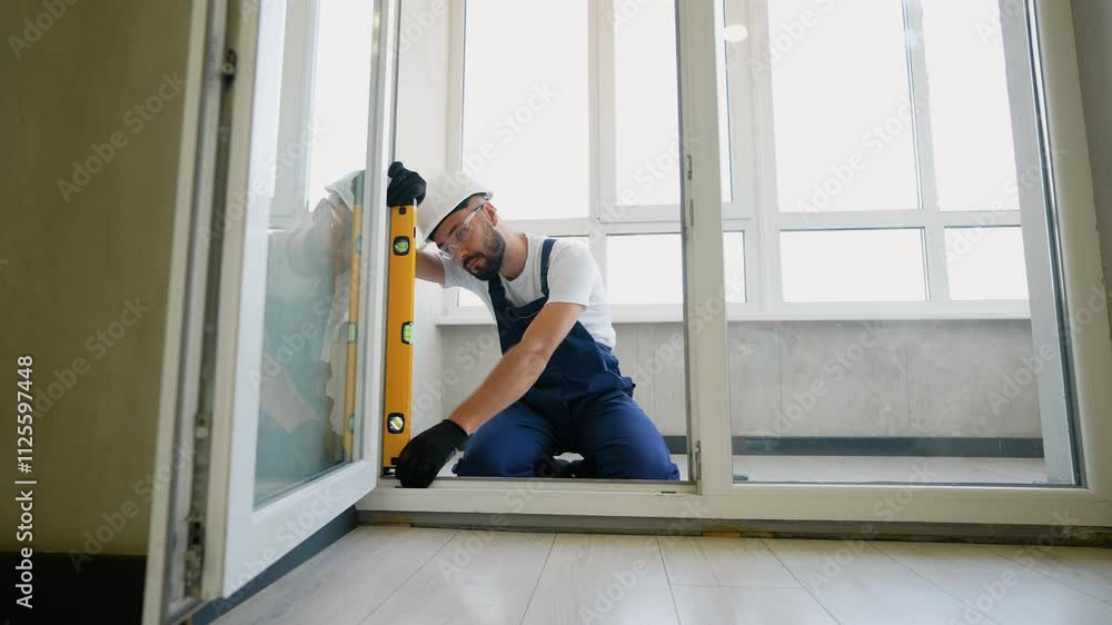 Skilled construction worker in protective gear carefully uses a spirit level to align a door frame Skilled construction worker in protective gear carefully uses a spirit level to align a door frame