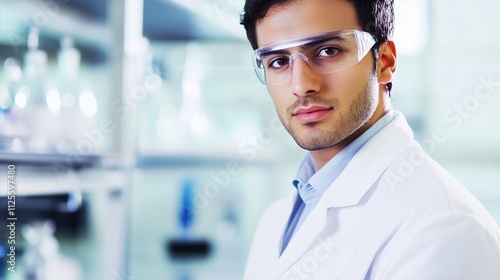 Man wearing a white lab coat and safety glasses