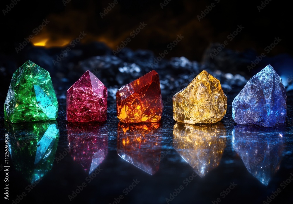 Naklejka premium Vibrant Collection of Colorful Crystals Reflecting Light on a Dark Surface, Showcasing the Beauty and Diversity of Precious Stones in Various Shapes