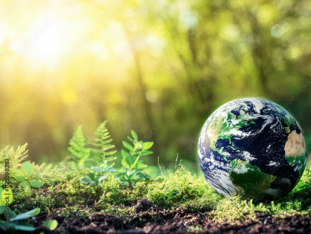 Vibrant Earth Globe on Moss-covered Ground Surrounded by Lush Greenery Under Gentle Sunlight in a Natural Setting Vibrant Earth Globe on Moss-covered Ground Surrounded by Lush Greenery Under Gentle Sunlight in a Natural Setting