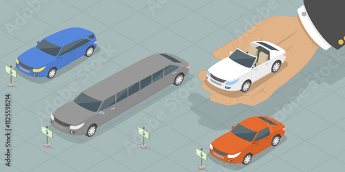3D Isometric Flat Vector Illustration of Car Dealership , Selecting And Purchasing A New Vehicle With Care And Consideration
