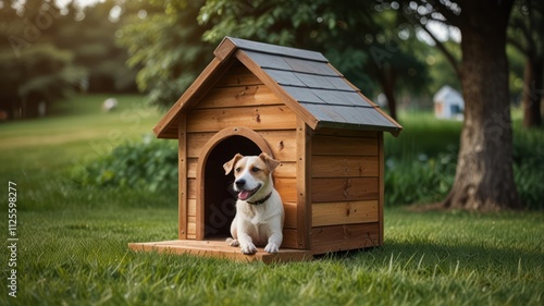 Happy dog relaxing in its wooden house outdoors.