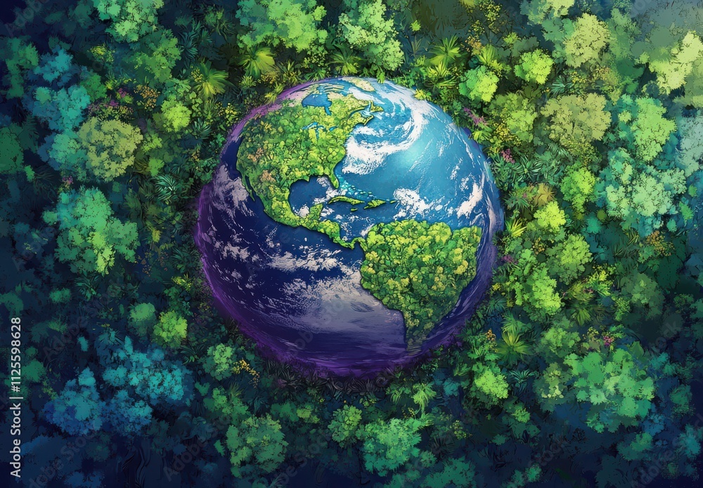 Vibrant Earth Surrounded by Lush Greenery, Showcasing the Beauty of Nature and the Importance of Environmental Conservation for Future Generations Vibrant Earth Surrounded by Lush Greenery, Showcasing the Beauty of Nature and the Importance of Environmental Conservation for Future Generations