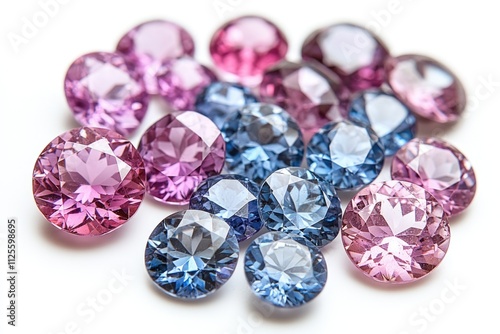 A collection of variously colored diamonds arranged on a white surface, great for backgrounds or highlighting specific elements