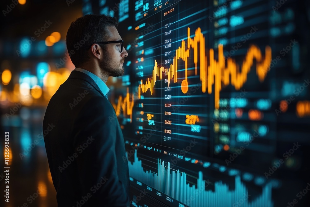 A person standing in front of a stock market display screen, showing various financial data and statistics A person standing in front of a stock market display screen, showing various financial data and statistics
