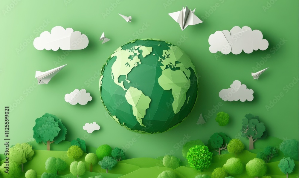 Vibrant Paper Art Landscape Featuring a 3D Globe Surrounded by Trees, Clouds, and Paper Airplanes on a Green Background Highlighting Environmental Themes Vibrant Paper Art Landscape Featuring a 3D Globe Surrounded by Trees, Clouds, and Paper Airplanes on a Green Background Highlighting Environmental Themes