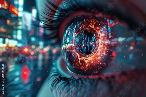 A close-up shot of a person's eye looking out at a bustling city in the distance photo