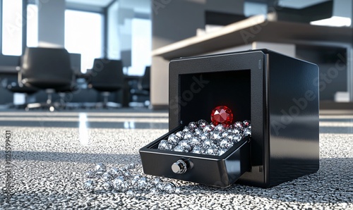 Open Safe with Red Gem and Silver Balls, Security Concept photo