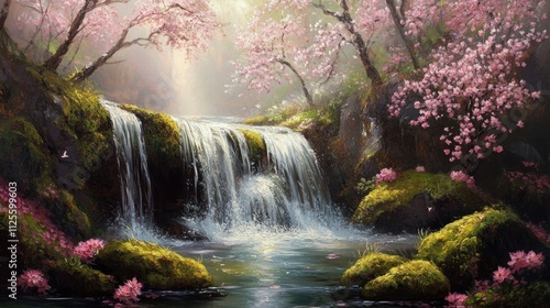 Serene Waterfall in a Blossoming Spring Forest