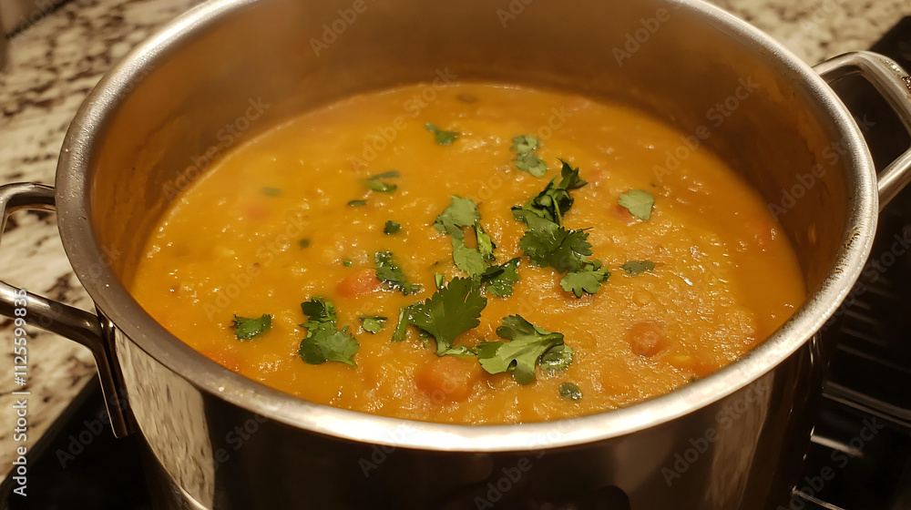 Sweet potato and red lentil soup with curry spices. Sweet potato and red lentil soup with curry spices.