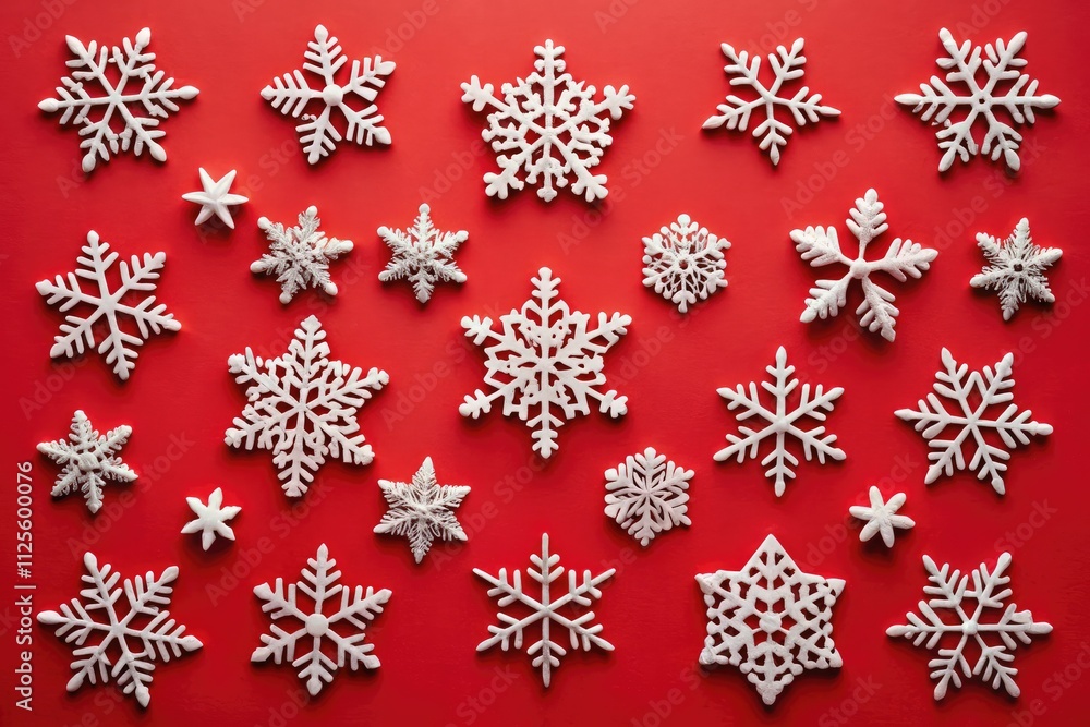 A collection of minimalist snowflakes set against a vibrant red background, perfect for Christmas cards and winter home decor to evoke festive cheer. A collection of minimalist snowflakes set against a vibrant red background, perfect for Christmas cards and winter home decor to evoke festive cheer.
