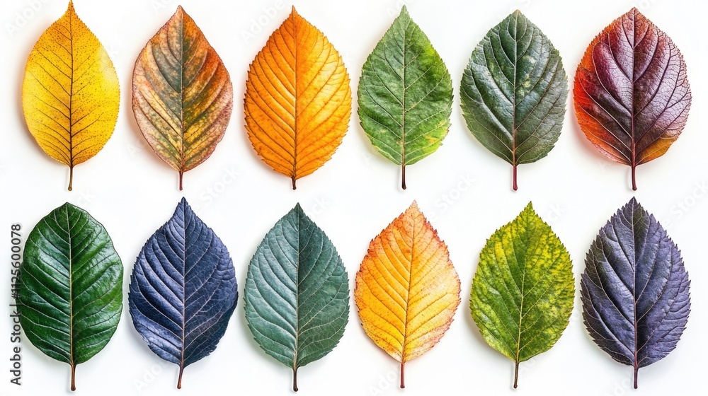Obraz premium A collection of colorful leaves arranged on a white background