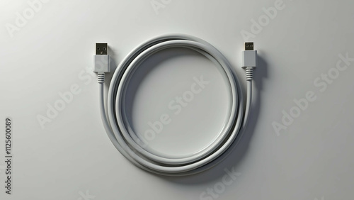 A single USB cable neatly coiled in a circular pattern, placed on a plain gray background, highlighting its simplicity and functionality.

