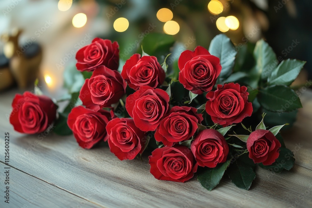 A bouquet of red roses sits atop a wooden table, perfect for decorating and celebrating special occasions A bouquet of red roses sits atop a wooden table, perfect for decorating and celebrating special occasions