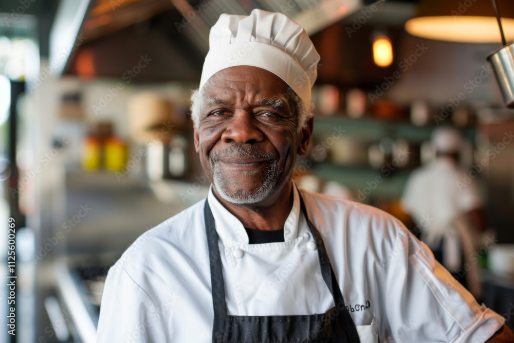 Portrait of a senior African American male chef in kitchen Portrait of a senior African American male chef in kitchen