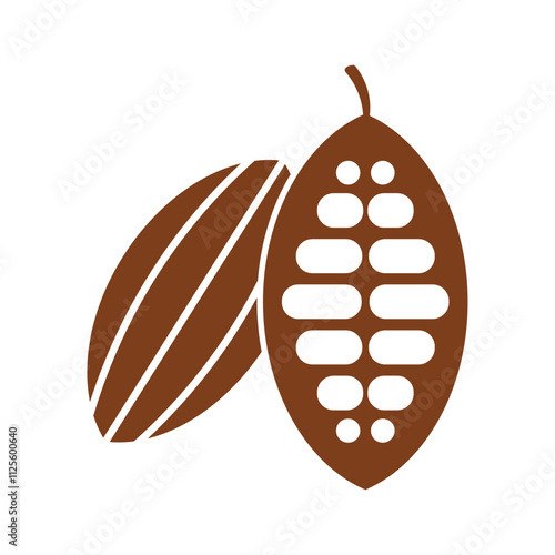Cocoa beans with pod isolated on a white background vector illustration. Cocoa pod. Fresh cocoa fruit, half sliced cacao pod with cacao beans inside. Trendy Flat logo. EPS 10 