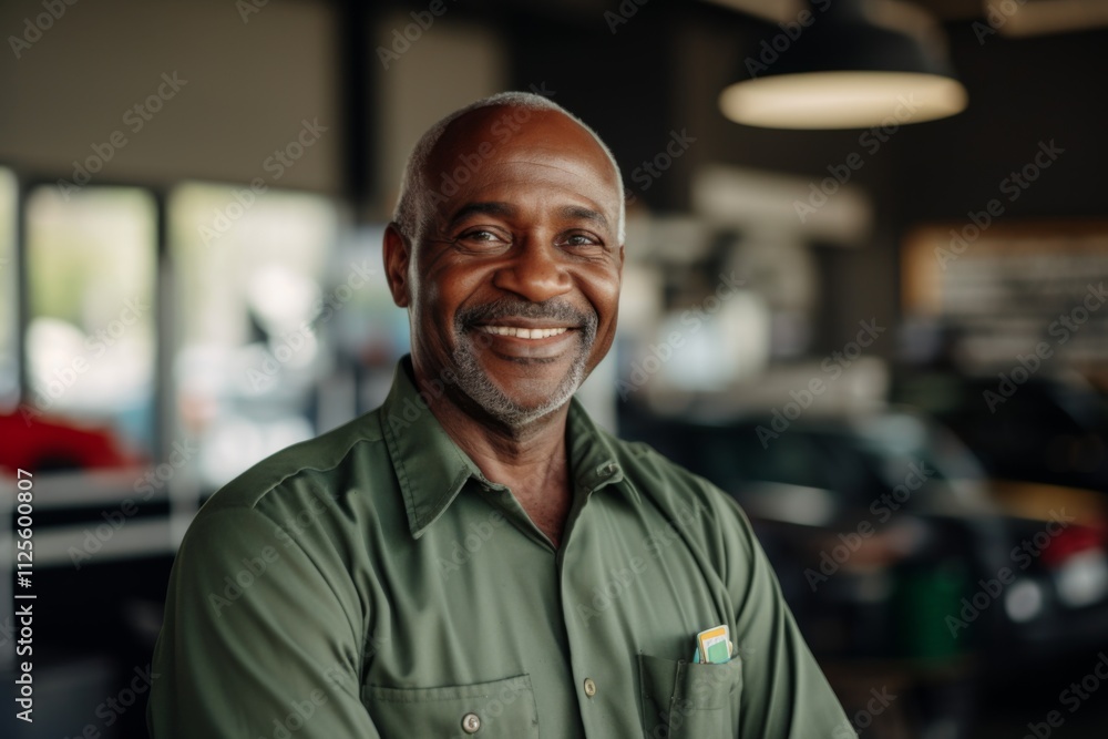 Portrait of a middle aged African American car mechanic in workshop Portrait of a middle aged African American car mechanic in workshop
