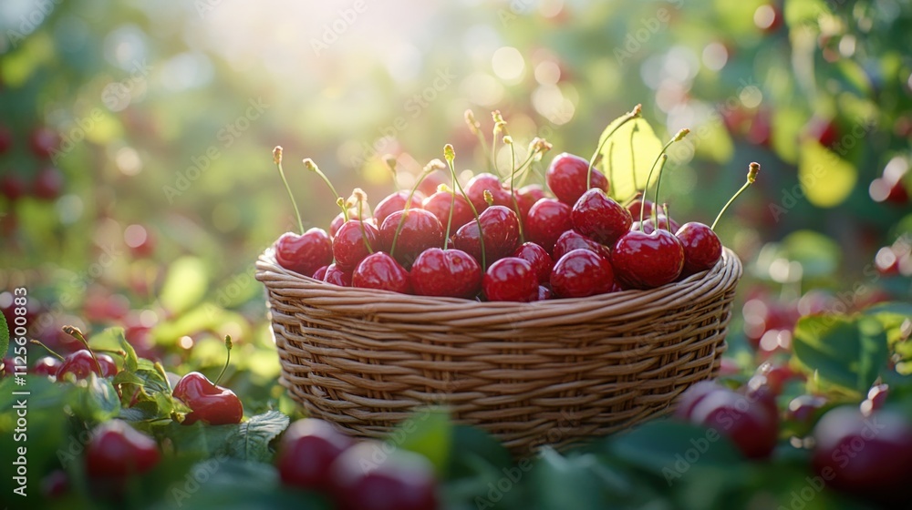 A basket filled with juicy cherries surrounded by lush green grass in a sunny field A basket filled with juicy cherries surrounded by lush green grass in a sunny field