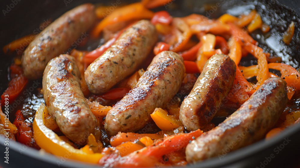 Fototapeta premium Sweet potato and sausage skillet with bell peppers.