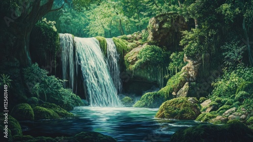 Serene Waterfall in Lush Green Forest