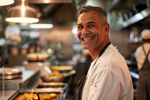 Portrait of a smiling American chef in restaurant kitchen