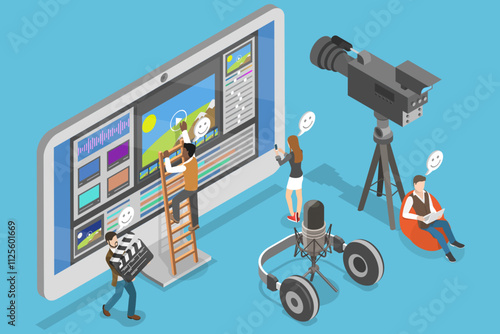 3D Isometric Flat Vector Illustration of Software for Video Editing, Film Footage Montage