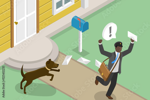 3D Isometric Flat Vector Illustration of Frightened Postal Worker , Mailman Fleeing Furious Security Dog