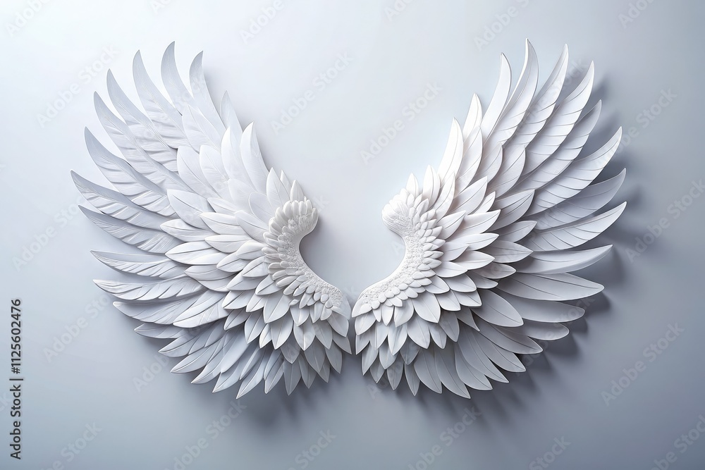 Fototapeta premium Aerial view of minimalist paper-cut 3D white angel wings perfect for Valentine's Day greeting cards, showcasing elegance and love in a unique design.