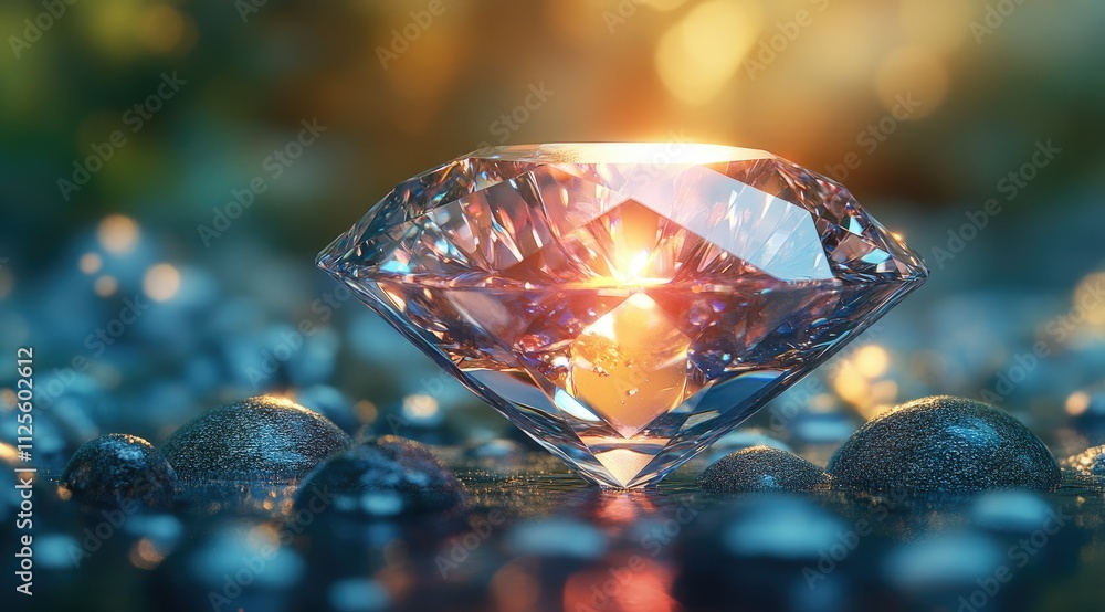 Sparkling diamond gemstone on dark surface with sunset background. Sparkling diamond gemstone on dark surface with sunset background.