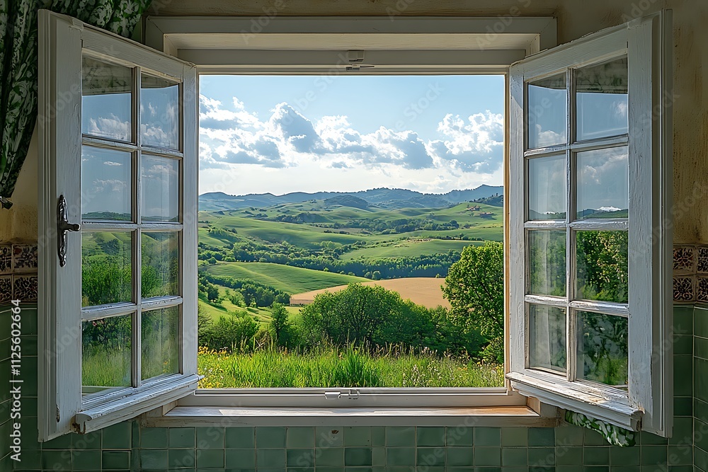 A picturesque view of rolling hills through an open window. A picturesque view of rolling hills through an open window.