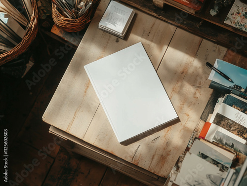 A top-down view of a white magazine lying on a wooden table in a small store. magazine and book mockup