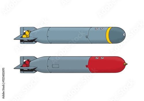 Torpedo or unmanned navy underwater drone isolated on the white background. Offensive weapon concept comic vector illustration.