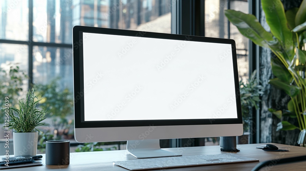 Modern Computer Setup With Blank Screen And Plants Modern Computer Setup With Blank Screen And Plants