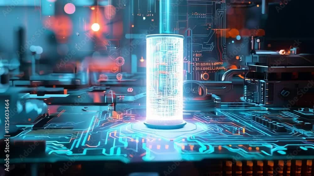 Futuristic quantum computing processor is running complex calculations ...