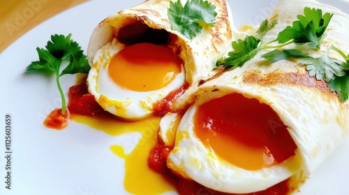 Close-up shots of shakshuka-inspired egg wraps with vibrant tomato sauce, soft egg yolks, and fresh herbs, served on tortillas, highlighting rich textures and appetizing flavors.
