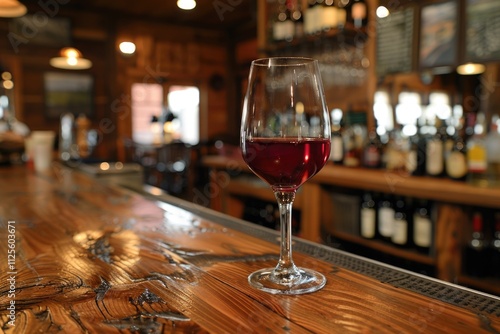 A glass of wine sits atop a wooden bar, perfect for a cozy evening or dinner party