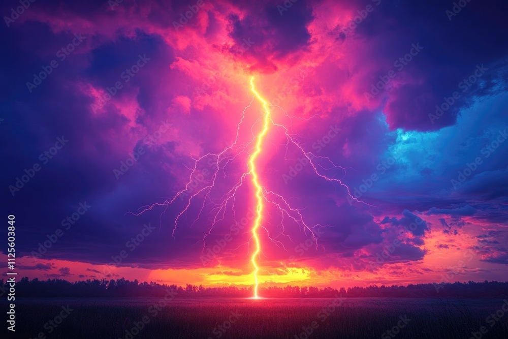 A lightning bolt illuminates the darkening sky over a lush green field, with hints of sunlight peeking through A lightning bolt illuminates the darkening sky over a lush green field, with hints of sunlight peeking through