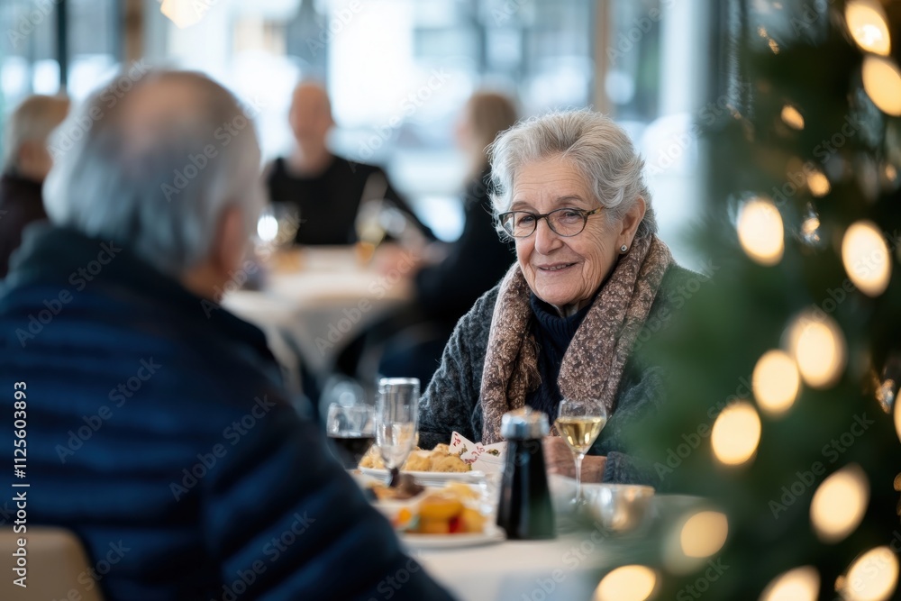 In this refined setting, an older woman smiles engagingly while savoring a drink, surrounded by good company, reflecting the pleasures of social interaction. In this refined setting, an older woman smiles engagingly while savoring a drink, surrounded by good company, reflecting the pleasures of social interaction.