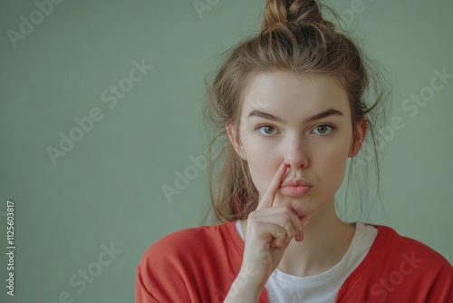 A woman with her finger on her lips in thought or contemplation