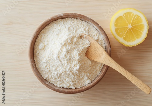 Wooden Bowl of Flour with Lemon Slice, Baking Ingredients photo