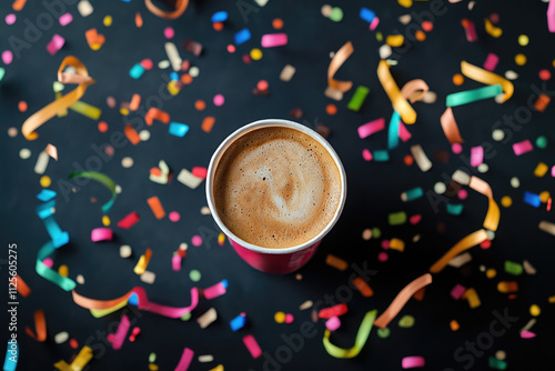 Colorful celebration with a warm cup of coffee surrounded by festive confetti photo