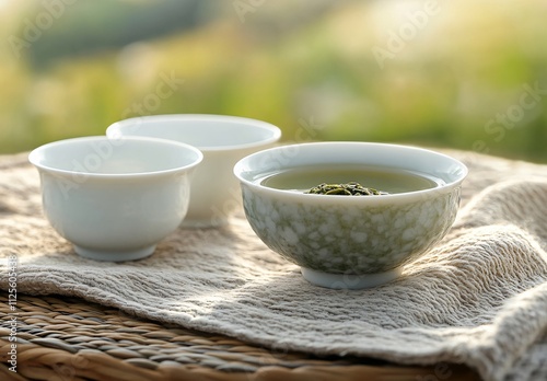 Serene Green Tea Ceremony, Porcelain Cups & Linen photo