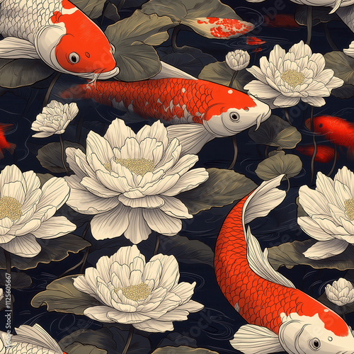 Seamless pattern of koi fish in watercolor style.
