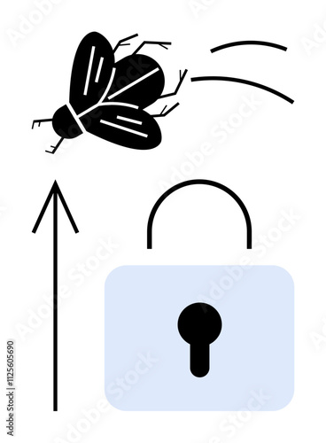 Insect flying over an upward arrow next to a locked padlock. Ideal for freedom, direction, goals, security, protection escape guidance. Line metaphor. Line metaphor. Simple line icons