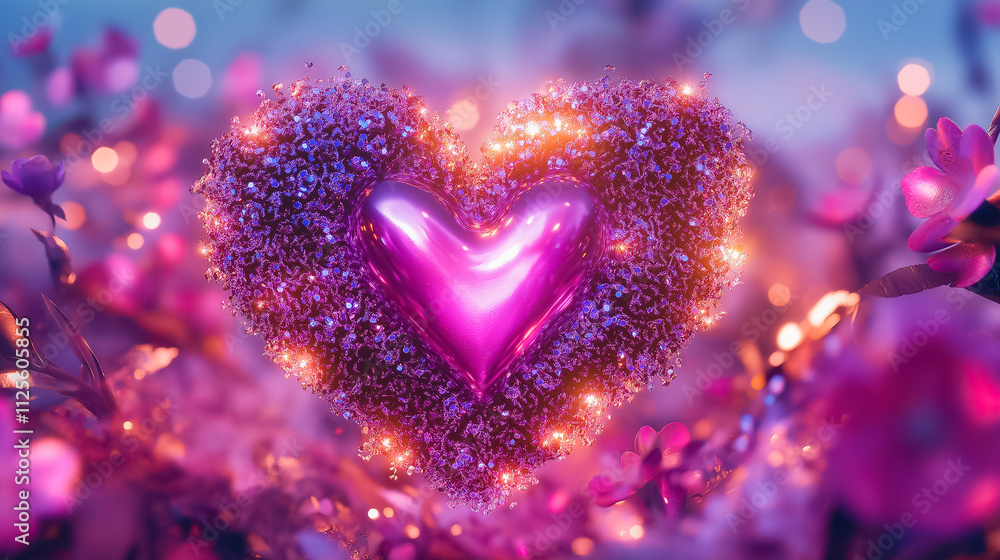 Fototapeta premium A digital heart pulse evolves into a colorful landscape surrounded by blooming flowers and twinkling lights